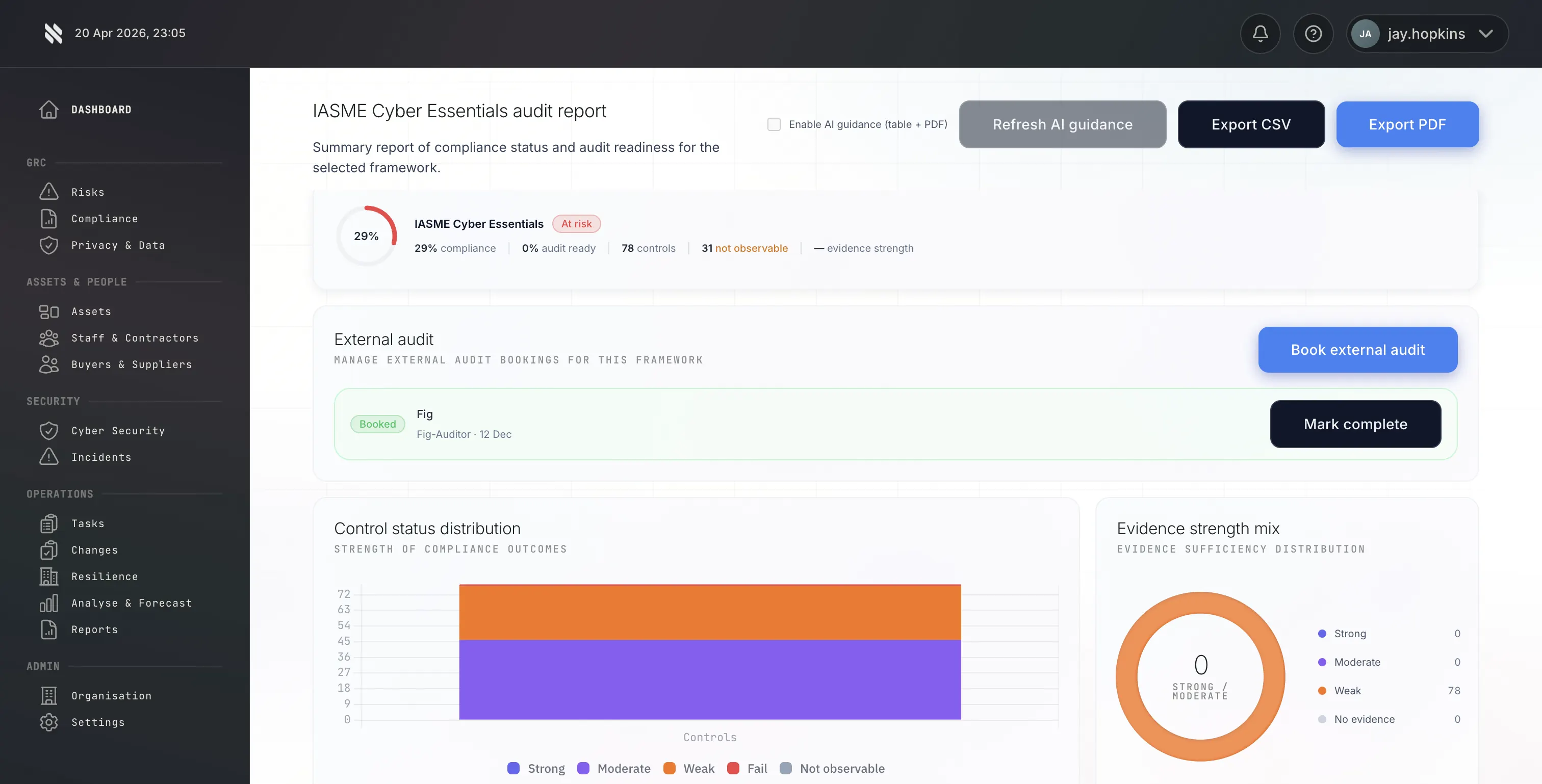 Fig platform compliance audit view tracking evidence submissions and assessor feedback cycles across a DCC engagement