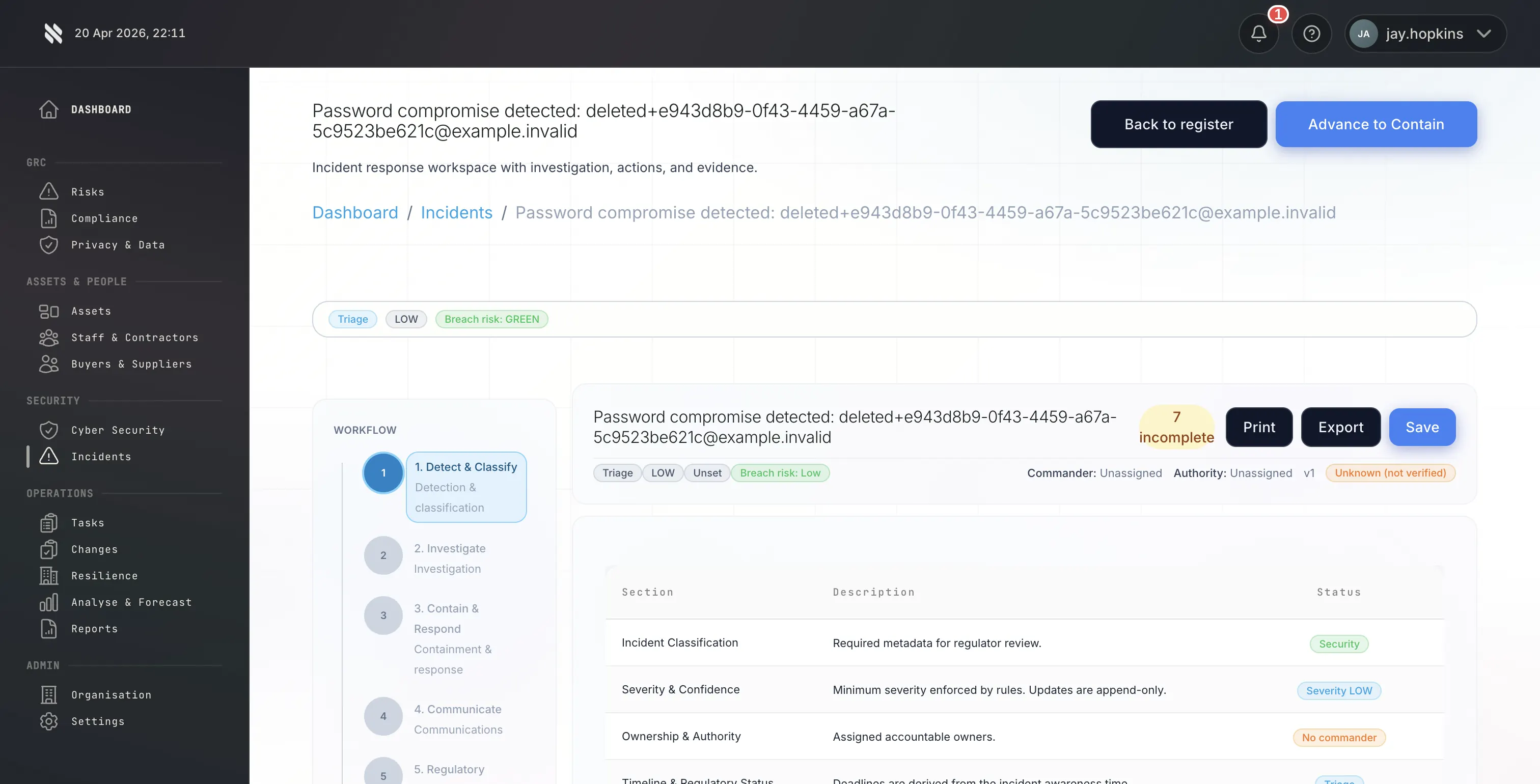 Fig platform incident management view illustrating the security operations capability DCC Level 2 and Level 3 suppliers are expected to demonstrate